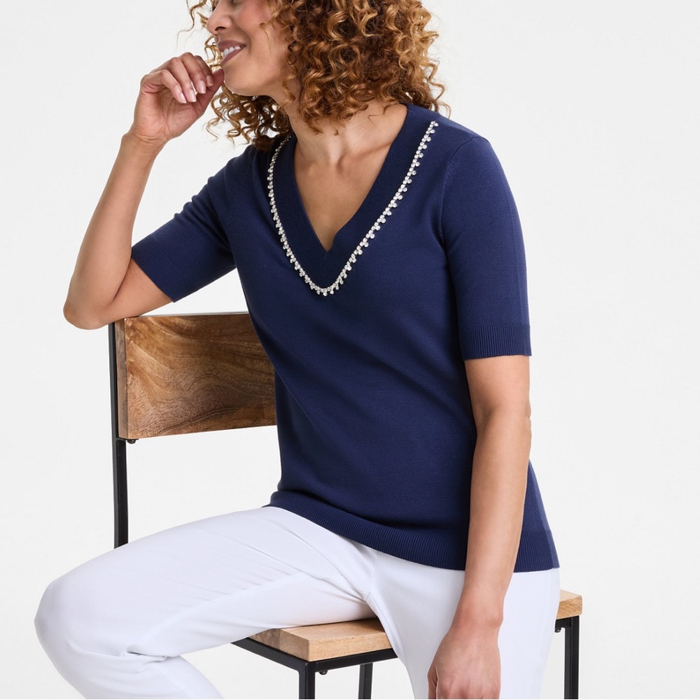 JM Collection Navy V-Neck Sweater